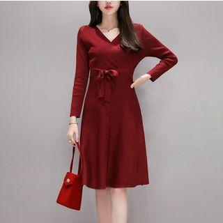 3/4-sleeve Tie-waist Knit Dress