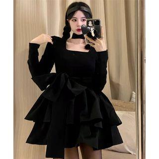 Long-sleeve Bow Accent Layered Mini A-line Dress Black - One Size
