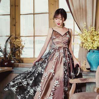 Embroidered Spaghetti-strap Mesh Midi Cocktail Dress