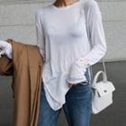 Side Slit Long-sleeve T-shirt Milky White - One Size
