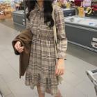 3/4-sleeve Plaid A-line Mini Dress Almond - One Size