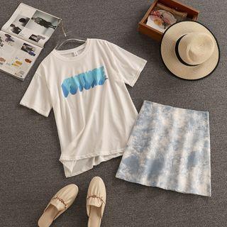 Set: Short-sleeve Lettering T-shirt + Tie-dyed A-line Skirt