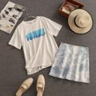 Set: Short-sleeve Lettering T-shirt + Tie-dyed A-line Skirt