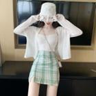 Spaghetti Strap Top / Open-front Cardigan / Plaid Fitted Mini Skirt