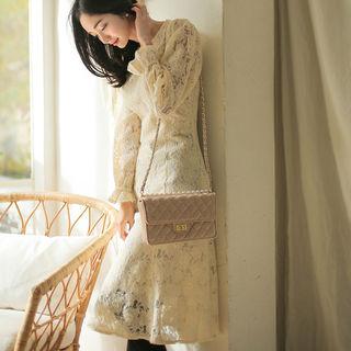Round-neck Flared Midi Lace Dress