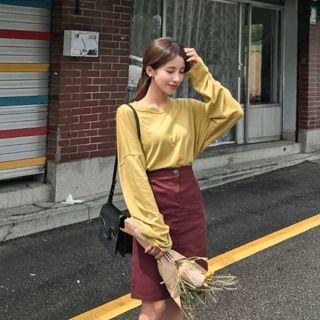 Slit-front Band-waist H-line Skirt