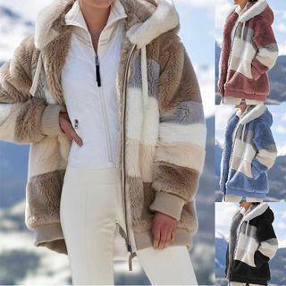 Color Block Hooded Zip-up Fleece Jacket
