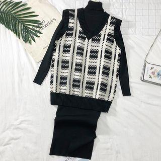 Set: Turtleneck Knit Dress + Plaid Knit Vest Black - One Size