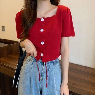 Short-sleeve Square-neck Button-up Knit Top