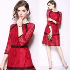 3/4-sleeve Contrast-trim A-line Lace Dress