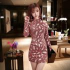 Feather Print Cold-shoulder Mini Sheath Dress