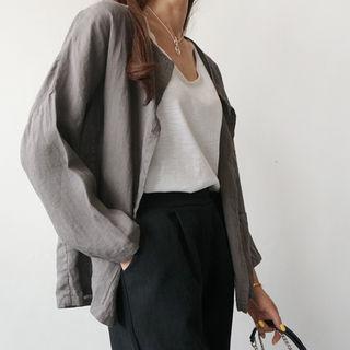 Linen Collarless Open-front Jacket