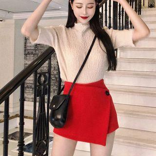 Asymmetric Plain Skirt / Frayed Denim Shorts / Short-sleeve Ruffled Top