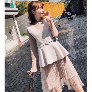 Set: Plain Mesh Hem Long Sleeve Knit Dress + Knit Peplum Vest