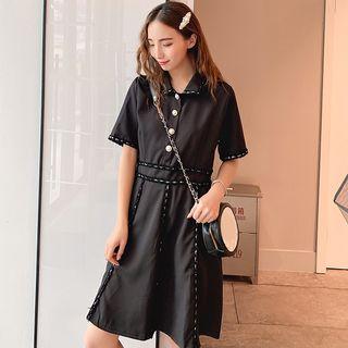 Faux Pearl Collared Elbow-sleeve A-line Dress