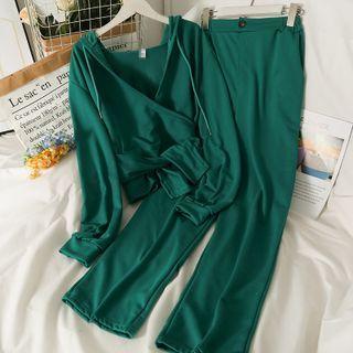 Set: Asymmetrical Hooded Wrap Top + Straight-cut Loose Pants