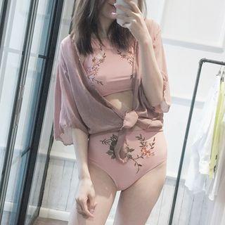 Set Of 3: Cover-up + Embroidered Tankini + Swim Shorts