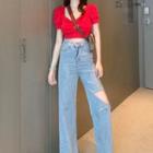 Short-sleeve Crop Top / Wide Leg Jeans