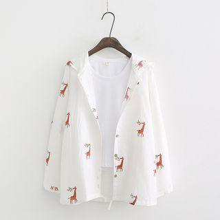 Cartoon Embroidered Hooded Button-up Jacket White - One Size