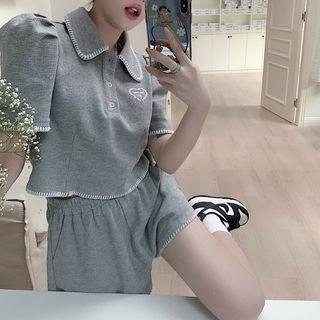 Short-sleeve Collar Heart Embroidered T-shirt / Shorts