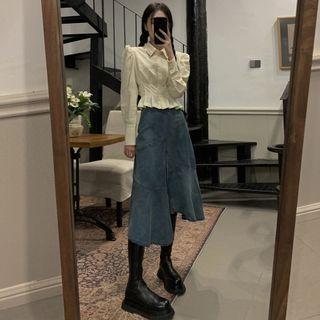Pleated Crop Shirt / Slit-hem Denim Midi Mermaid Skirt