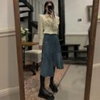 Pleated Crop Shirt / Slit-hem Denim Midi Mermaid Skirt