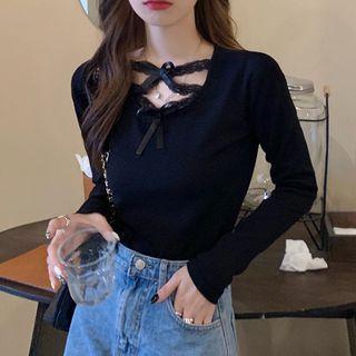 Long-sleeve Cross Strap Ribbon Accent Knit Top