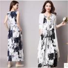 Set: Printed Drawstring Midi Sleeveless Dress + Open-front Long Jacket