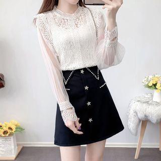 Mock-neck Long-sleeve Lace Blouse / High-waist A-line Skirt
