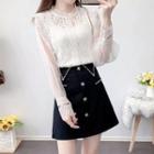 Mock-neck Long-sleeve Lace Blouse / High-waist A-line Skirt