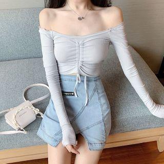 Drawstring Off-shoulder Long-sleeve T-shirt / Denim Mini Pencil Skirt
