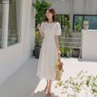 Pleated-collar Pintuck Long Dress Ivory - One Size