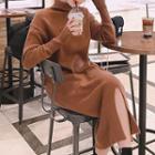 High-neck Slit-front Long Sweater Dress