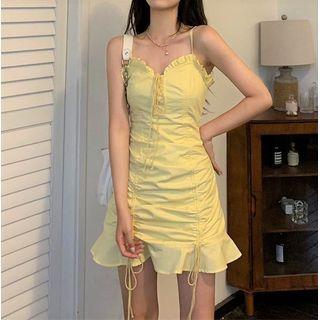 Spaghetti Strap Frill Trim Drawstring Mini Mermaid Dress / Lace Cardigan / Short-sleeve Dress / Lace Cardigan
