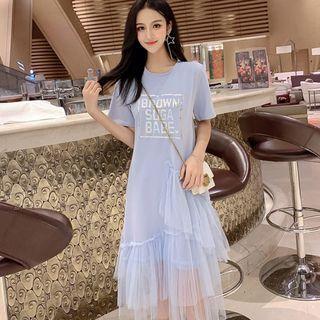 Short-sleeve Letter Mesh Paneled Midi T-shirt Dress
