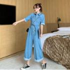 Loose-fit Short-sleeve Denim Jumpsuit