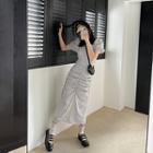 Set: Short-sleeve Striped Blouse + Midi Pencil Skirt