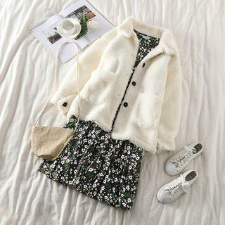 Fleece Loose-fit Coat / Floral Long-sleeve Dress