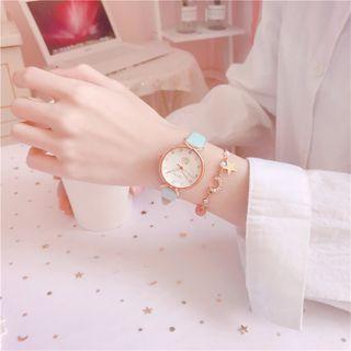 Set: Faux Leather Luminous Strap Watch + Moon Bracelet