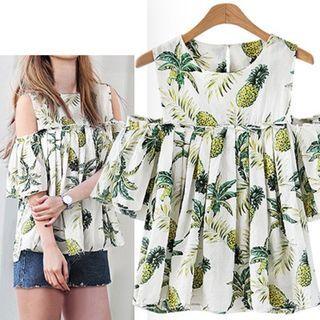 Short-sleeve Cold-shoulder Pineapple Print Top