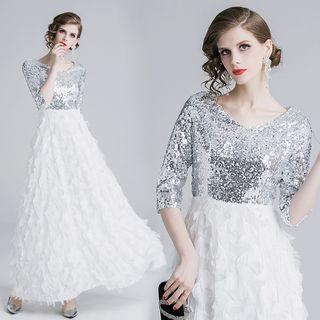 Sequined Elbow-sleeve Maxi A-line Dress