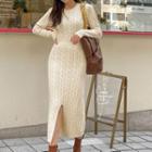 Cable-knit Long-sleeve Midi Sheath Dress White - One Size