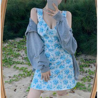 Floral Wide Strap Mini A-line Dress Blue - One Size