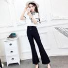 Set: Elbow-sleeve Embroidered Top + Boot-cut Cropped Pants