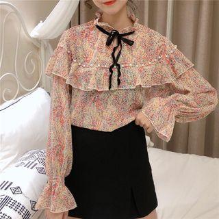 Tie-neck Floral Print Ruffle Trim Blouse