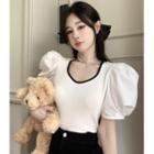 Contrasted Puff-sleeve Crop T-shirt White - One Size
