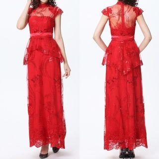 Cap Sleeve Mesh Panel Ruffled Embroidered Evening Gown