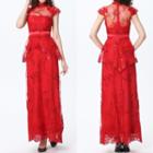 Cap Sleeve Mesh Panel Ruffled Embroidered Evening Gown