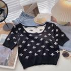 Short-sleeve Printed Knit Top Black & White - One Size