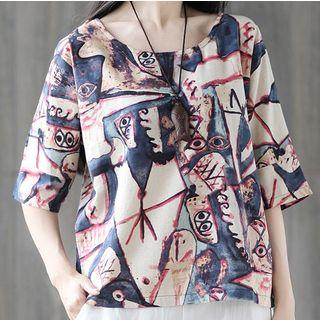 Ethnic Cotton Linen Print Short-sleeve Round-neck Top